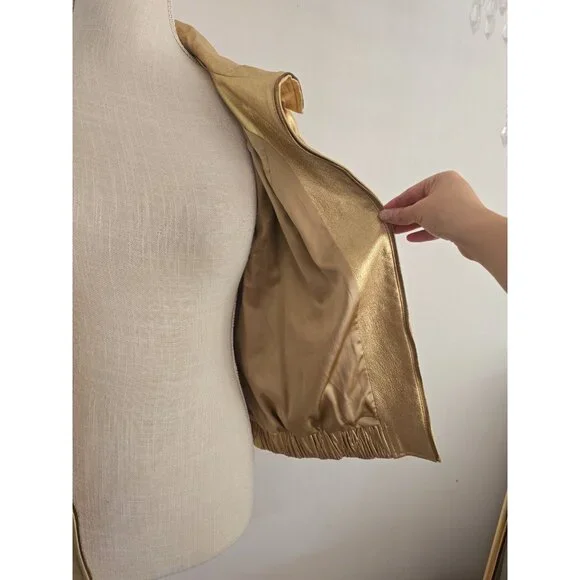 St John Gold Metallic Lambs Leather Silk 80s Retro Shimmer Bomber Zip Jacket M